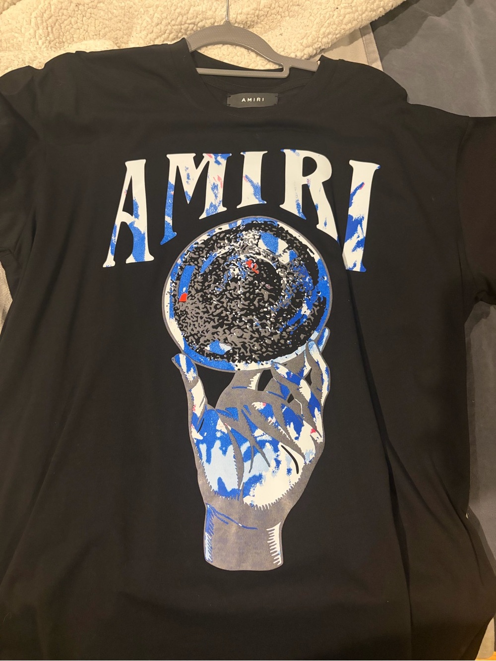 AMIRI Black Poster Print with Blue and White Globe Hand Graphic